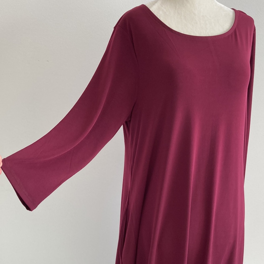 Nina Leonard Burgundy High-Low 3/4 Sleeve Dress w/ Pockets - Picture 4 of 8